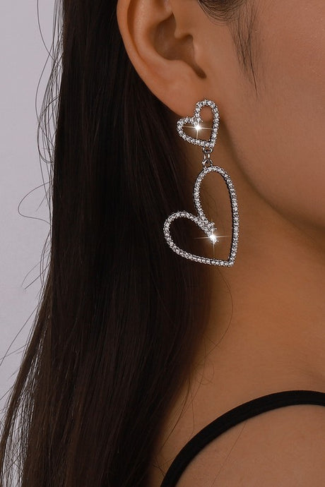 Silver Full Crystal Cute Heart Dangle Drop Earrings