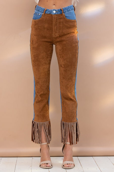 Camel Fringe Studded Hem Western Jeans