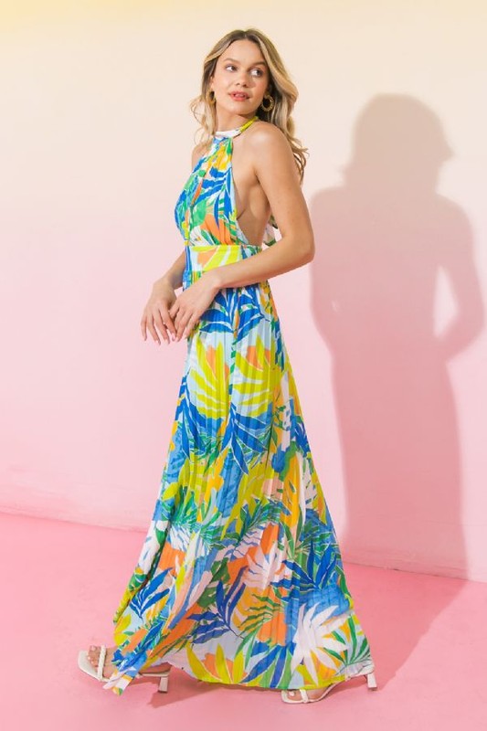 Pink Blue Green Tropical Print Evening Gowns