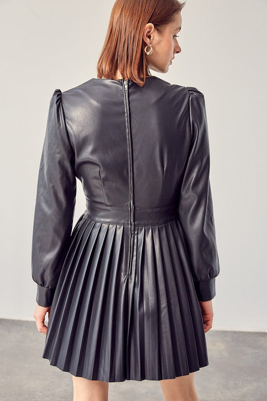 Black Faux Leather Pleated Mini Dress – Aquarius Brand
