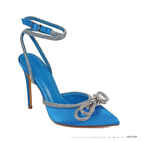 Blue Pointed Toe Rhinestone Party Heels