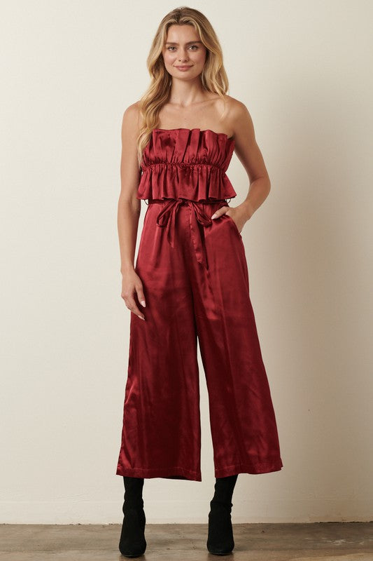 Wine Satin Ruffle Bust With Tie Back Jumpsuit