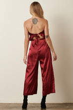 Wine Satin Ruffle Bust With Tie Back Jumpsuit