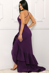 Dark Purple Layer Ruffle Train Detailed Maxi Dress