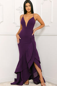 Dark Purple Layer Ruffle Train Detailed Maxi Dress