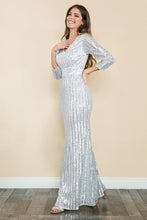 Silver Sleeved Sequin V-neck Formal Long Dress