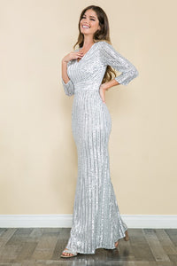 Silver Sleeved Sequin V-neck Formal Long Dress