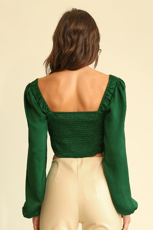 Green Satin Square Neck Hook and Eye Crop Top L / Green