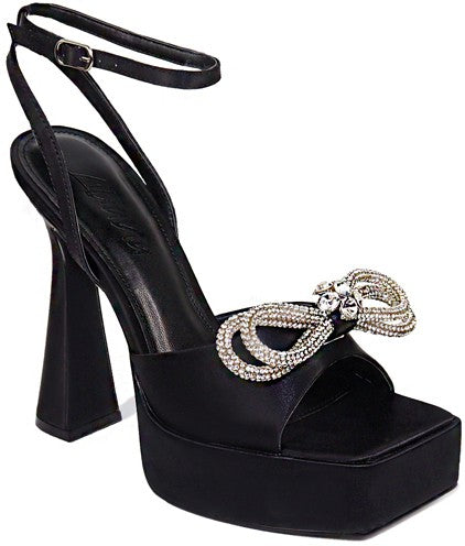 Black Womens Rhinestone Bowtie Platform Sandals