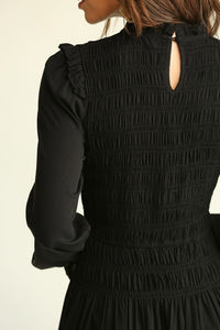 Black Solid Woven Smocked Bodice Dress