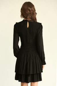 Black Solid Woven Smocked Bodice Dress