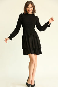 Black Solid Woven Smocked Bodice Dress