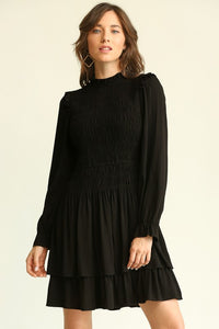 Black Solid Woven Smocked Bodice Dress