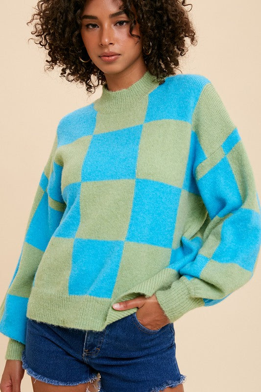 Aqua Mock Neck Checker Sweater Aquarius Brand