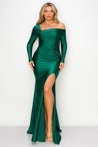 Hunter Green One Off-Shoulder Long Sleeve Slit Maxi Dress