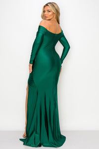 Hunter Green One Off-Shoulder Long Sleeve Slit Maxi Dress