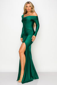 Hunter Green One Off-Shoulder Long Sleeve Slit Maxi Dress