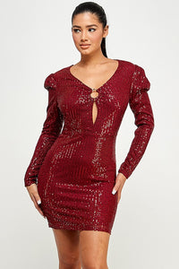 Red Long Sleeve Sequin Dress With Ring Detail