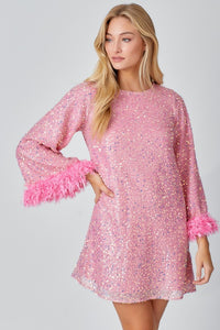 Pink Sequins Mini Dress With Feather Sleeve Detail