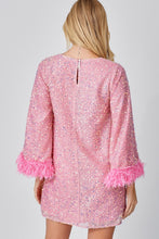 Pink Sequins Mini Dress With Feather Sleeve Detail