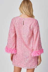 Pink Sequins Mini Dress With Feather Sleeve Detail