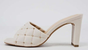 Bone Quilted Block Heel Metal Stud Mule with Square Toe