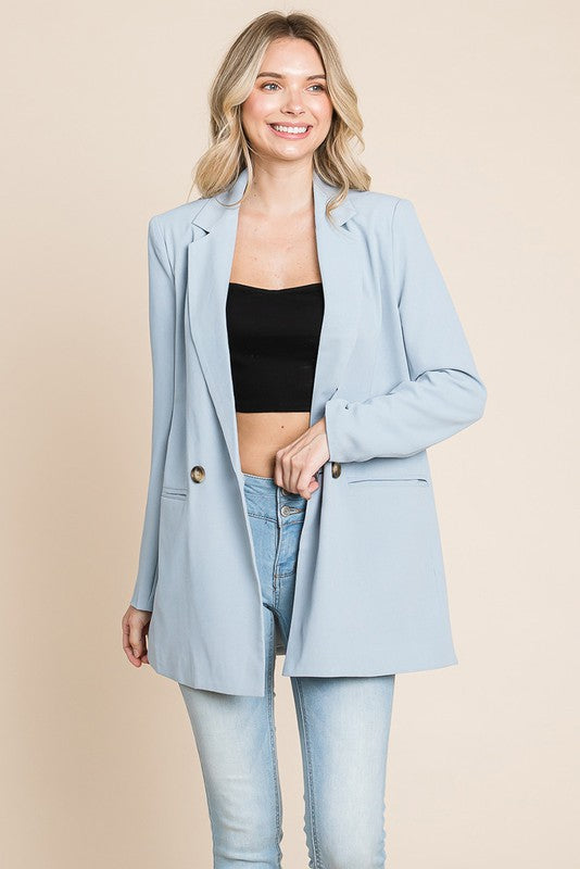 Blue Long Double Breasted Lapel Collar Blazers