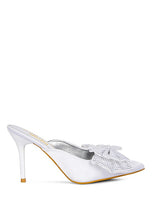 White Diamante Bow Heeled Mules