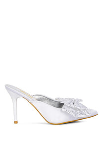 White Diamante Bow Heeled Mules