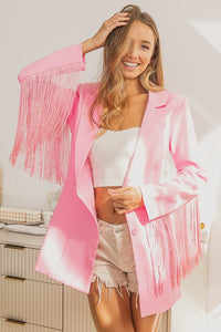 Pink Fringed Sleeve Peak Lapel Single Blazer