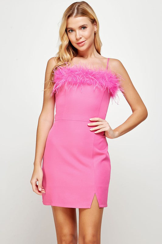 Pink feather 2024 trim dress