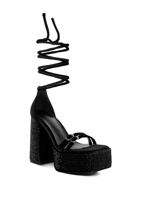 Black Firecrown High Platform Diamante Lace Up Sandals