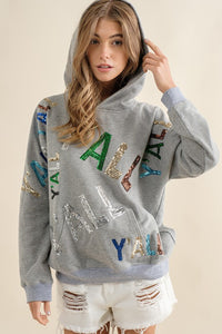 Grey French Terry Sequin Embroidery Hoodie