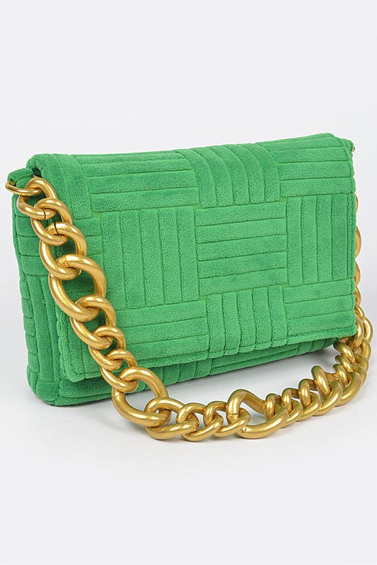 Green Embossed Micro Suede Chain Clutch