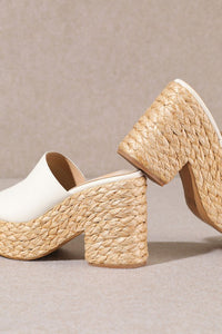 White Straw Natural Chunky Heel Sandals