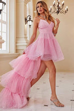 Pink Sequin High Low Hem Layered Mesh Bridesmaid Dress