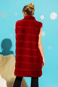 Burgundy Long Furry Tiered High Neck Puffer Vest