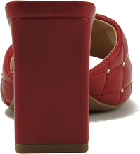 Red Quilted Block Heel Metal Stud Mule with Square Toe