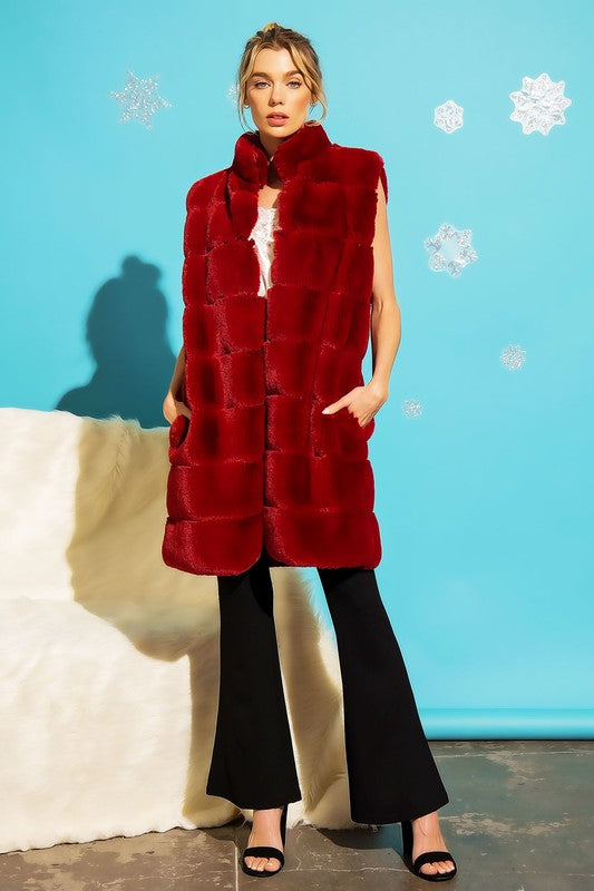 Burgundy Long Furry Tiered High Neck Puffer Vest