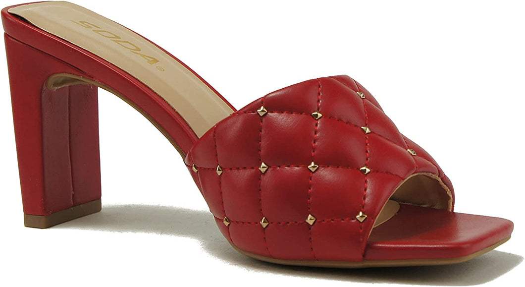 Red Quilted Block Heel Metal Stud Mule with Square Toe