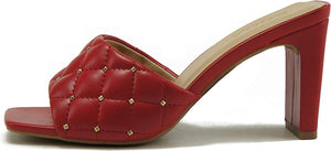 Red Quilted Block Heel Metal Stud Mule with Square Toe