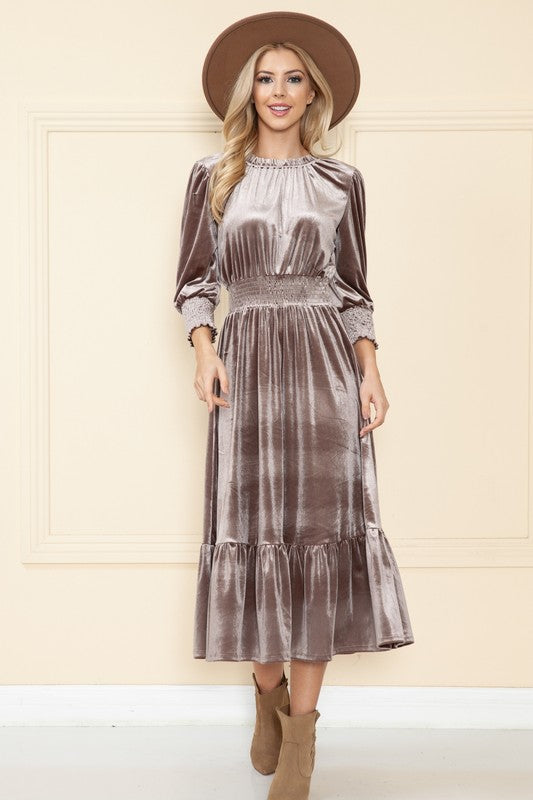 Mocha Velvet Three Quarter Sleeve Midi Dress