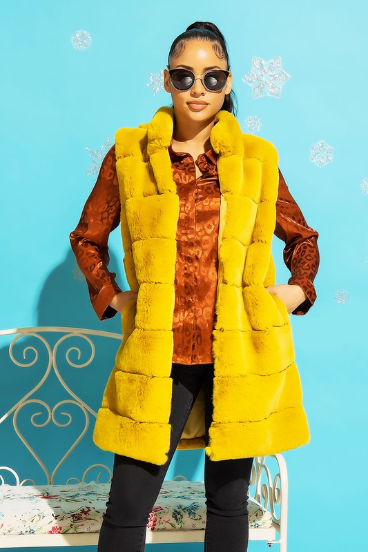 Mustard Long Furry Tiered High Neck Puffer Vest Aquarius Brand