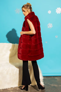 Burgundy Long Furry Tiered High Neck Puffer Vest